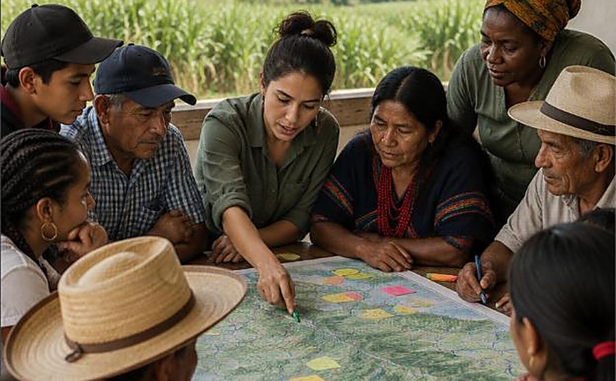 Personas de la comunidad, con una facilitadora, marcan lugares sobre un mapa de Caloto